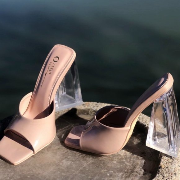 NEW Patent Clear Triangle High Block Heel Square Toe Slip On Sandals Mules Shoes - Picture 2 of 9